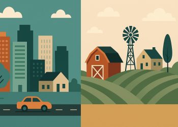 City skyline contrasting with rural farmland, highlighting urban-rural housing and lifestyle trends