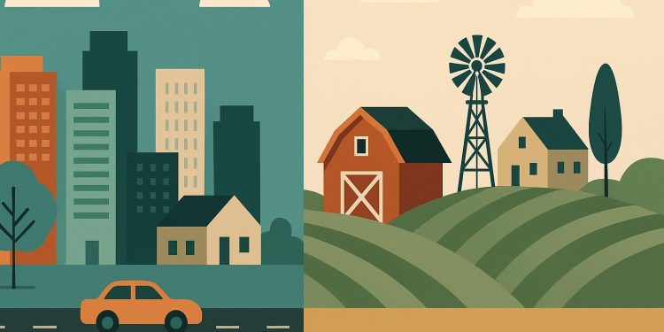 City skyline contrasting with rural farmland, highlighting urban-rural housing and lifestyle trends