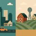 City skyline contrasting with rural farmland, highlighting urban-rural housing and lifestyle trends