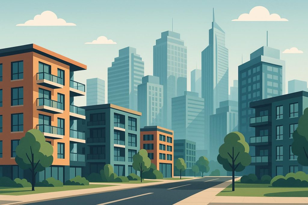 Modern city skyline with innovative residential buildings highlighting future urban real estate trends