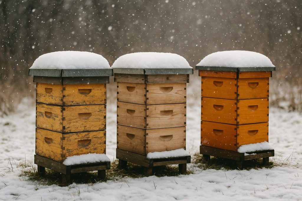 Beehives prepared for winter with insulation and supplies in a snowy backyard beekeeping setup