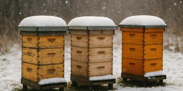 Beehives prepared for winter with insulation and supplies in a snowy backyard beekeeping setup
