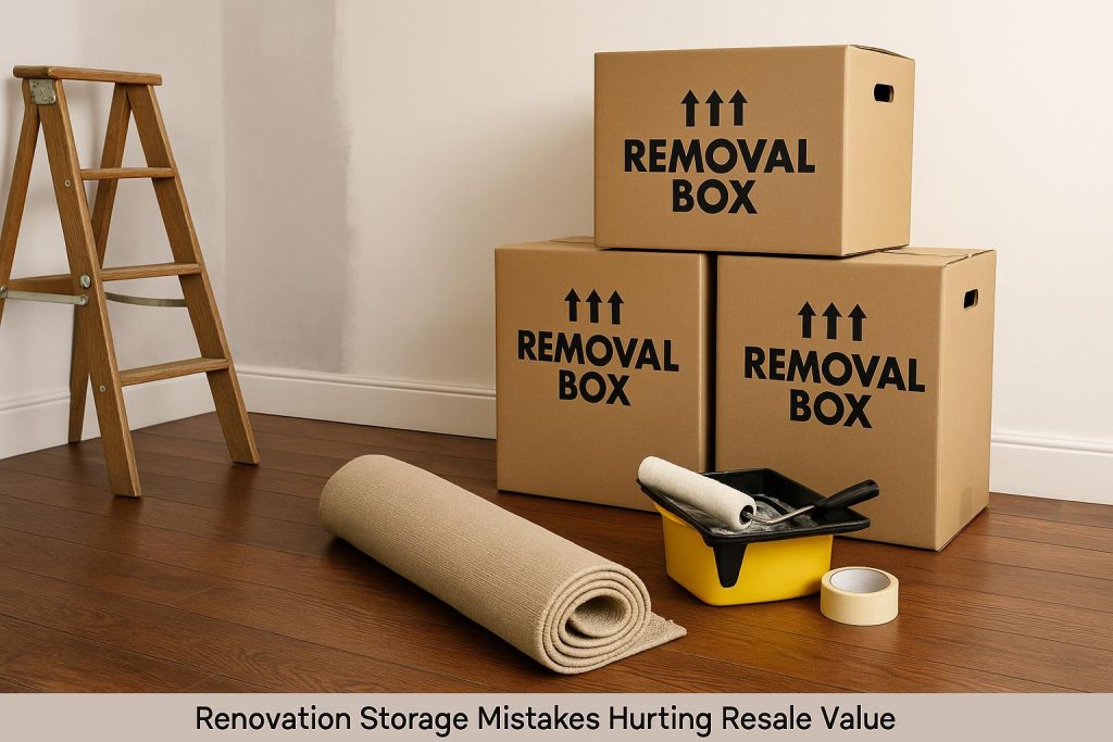 Cluttered home storage area with renovation materials negatively impacting resale value
