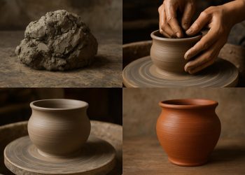 Hand shaping pottery clay on a wheel, illustrating the pottery-making process from start to finish