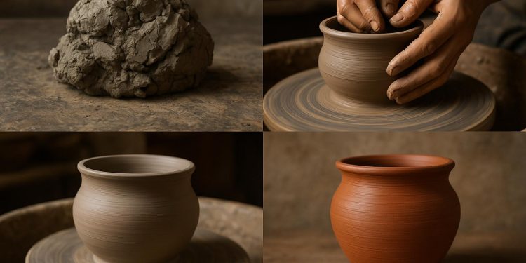 Hand shaping pottery clay on a wheel, illustrating the pottery-making process from start to finish