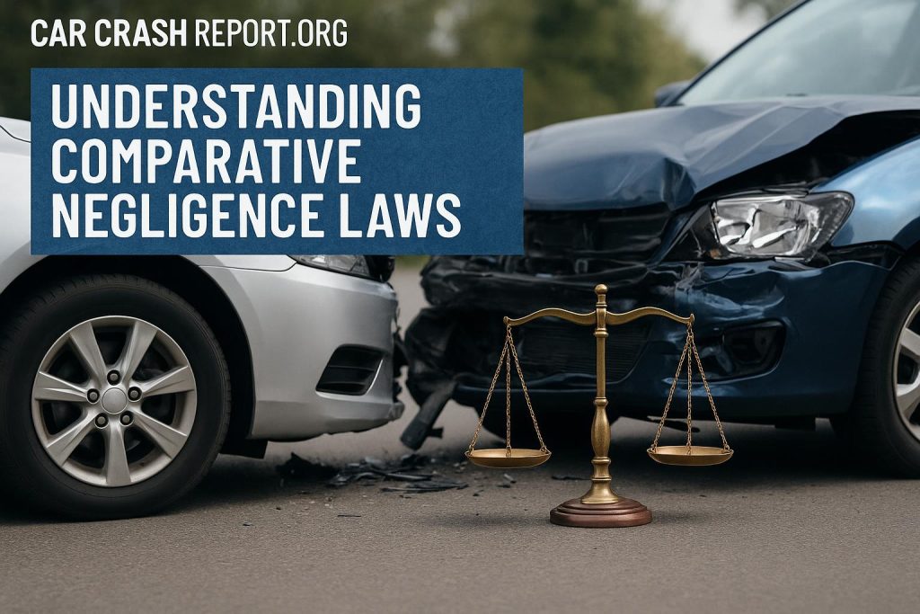 Two damaged cars on a roadway highlighting comparative negligence in car accident cases