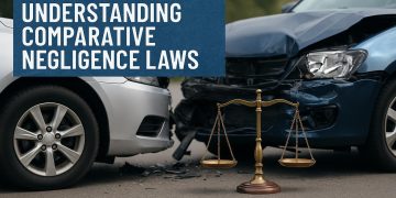 Two damaged cars on a roadway highlighting comparative negligence in car accident cases