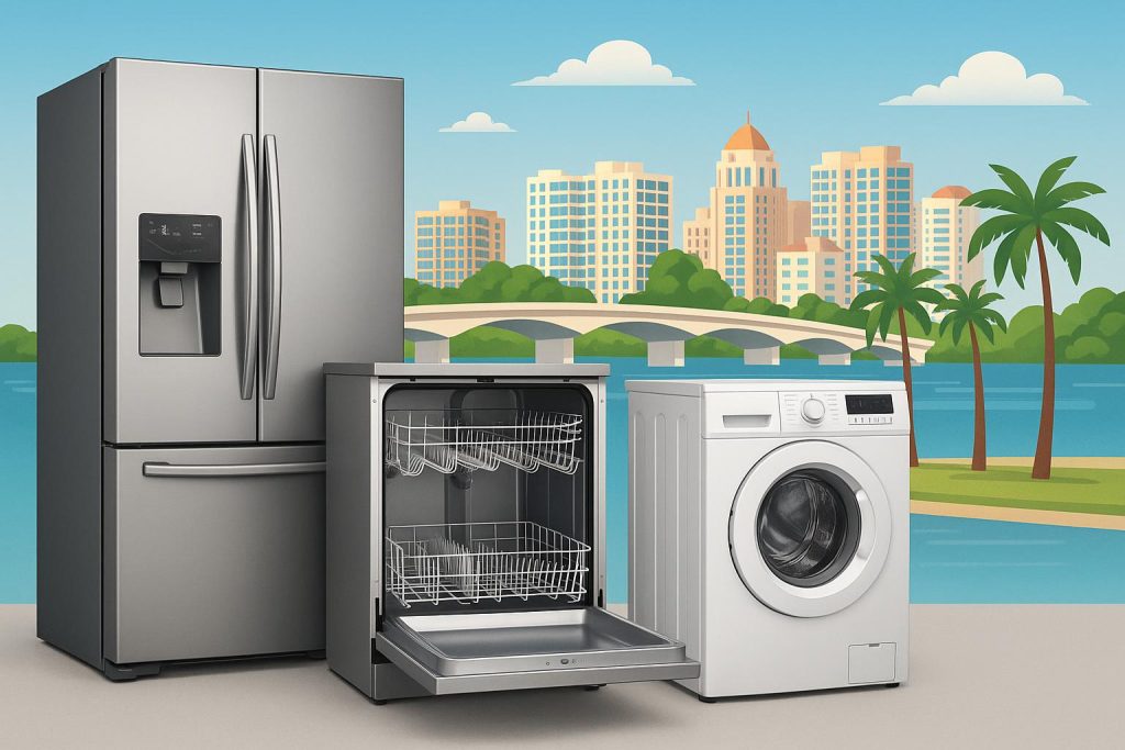 Appliance repair technician fixing a refrigerator in a Sarasota, FL home