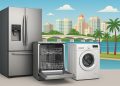 Appliance repair technician fixing a refrigerator in a Sarasota, FL home
