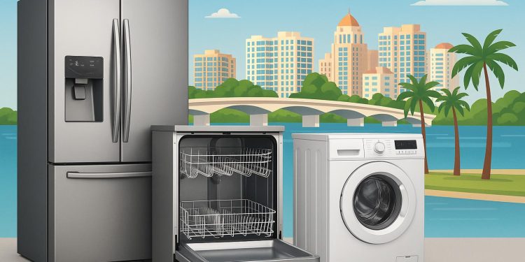 Appliance repair technician fixing a refrigerator in a Sarasota, FL home