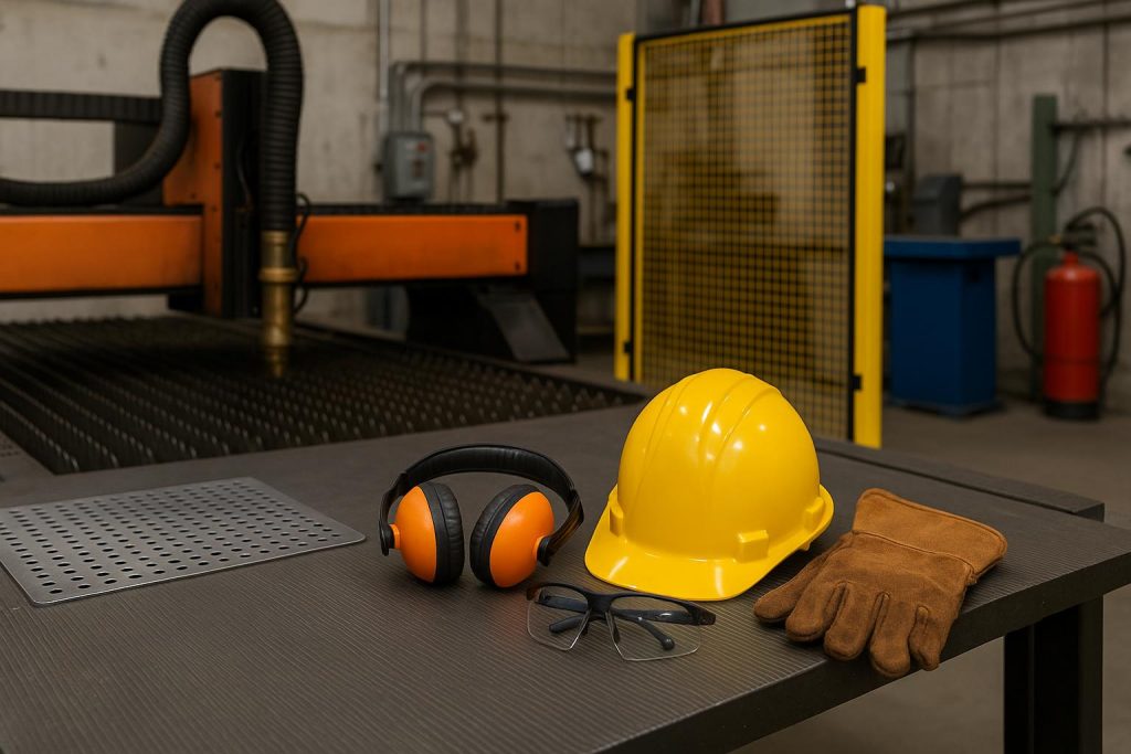 Modern sheet metal fabrication workshop with organized tools and advanced safety equipment in use