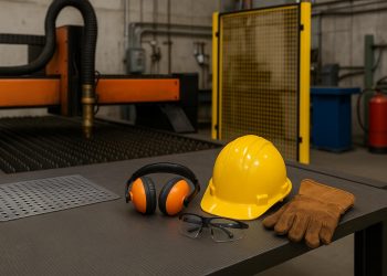 Modern sheet metal fabrication workshop with organized tools and advanced safety equipment in use