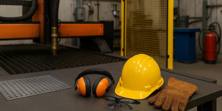 Modern sheet metal fabrication workshop with organized tools and advanced safety equipment in use