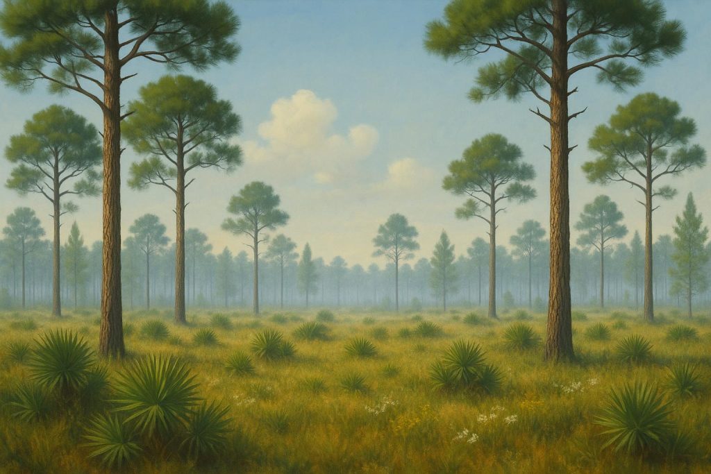 Pine flatwoods ecosystem with native grasses, pines, and wildflowers under blue sky