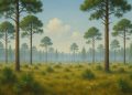 Pine flatwoods ecosystem with native grasses, pines, and wildflowers under blue sky