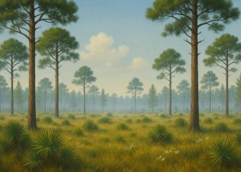 Pine flatwoods ecosystem with native grasses, pines, and wildflowers under blue sky