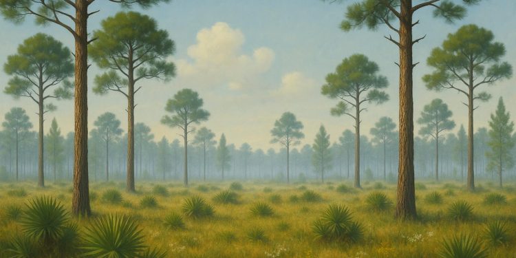 Pine flatwoods ecosystem with native grasses, pines, and wildflowers under blue sky
