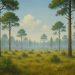 Pine flatwoods ecosystem with native grasses, pines, and wildflowers under blue sky