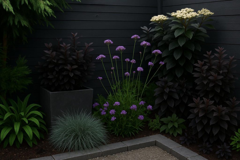 Modern garden featuring dark-colored foliage and decor enhancing outdoor space aesthetics