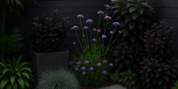 Modern garden featuring dark-colored foliage and decor enhancing outdoor space aesthetics
