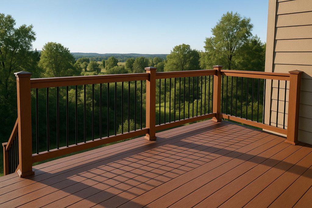 Sturdy safety barriers installed on a raised wooden deck with a modern balcony design