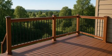 Sturdy safety barriers installed on a raised wooden deck with a modern balcony design
