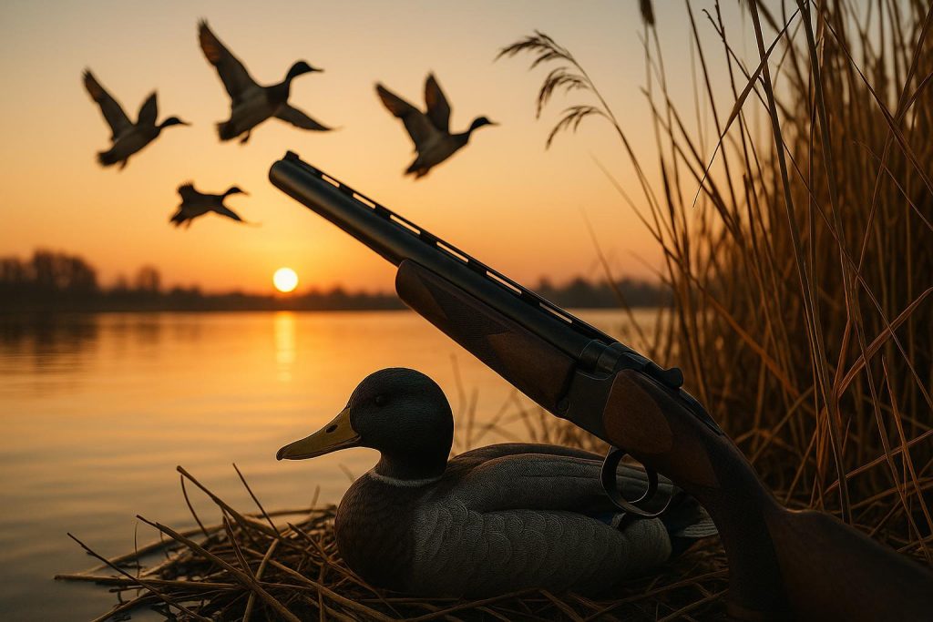 Mallard ducks flying over a marsh at sunrise, illustrating duck hunting strategies for any season