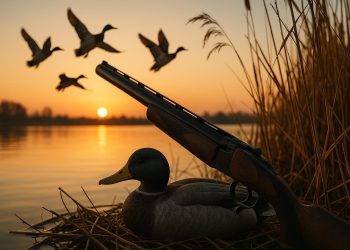 Mallard ducks flying over a marsh at sunrise, illustrating duck hunting strategies for any season
