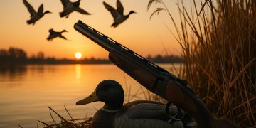 Mallard ducks flying over a marsh at sunrise, illustrating duck hunting strategies for any season