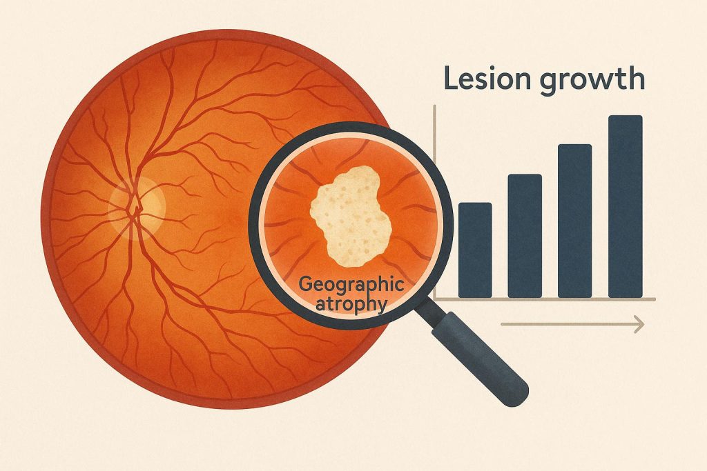 Close-up of retinal scan highlighting lesion growth in geographic atrophy clinical research