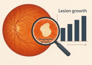 Close-up of retinal scan highlighting lesion growth in geographic atrophy clinical research