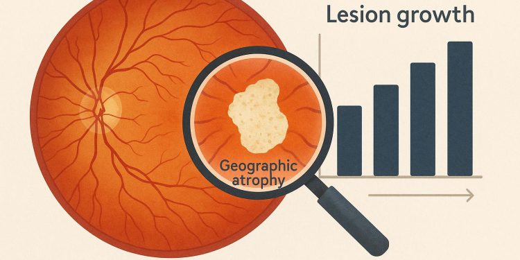 Close-up of retinal scan highlighting lesion growth in geographic atrophy clinical research
