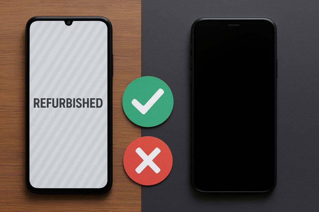 Side-by-side comparison of refurbished and new smartphones on a table highlighting value differences
