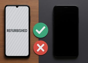 Side-by-side comparison of refurbished and new smartphones on a table highlighting value differences